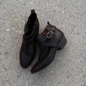 Womens Dark Brown Buckle Strap Ankle Boots Almond Toe Block Heel Size 11 Booties